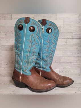 Men's Tony Lama Western Brown Blue Leather Tall Buckaroo Cowboy Boots Size 11